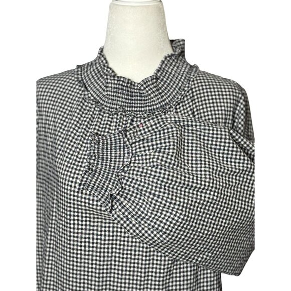 Zara Basic Black White Checked Long Sleeve Dress M 2 Pockets Ruffle Mock Neck - Picture 3 of 11